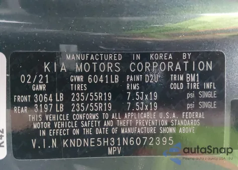 2022 Kia Carnival Mpv Sx Prestige из США, поврежденный, VIN KNDNE5H31N6072395